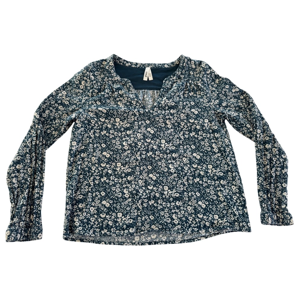 Pact XS Organic Cotton Floral Peasant Blouse Blue Long Sleeve Split Neck - Picture 2 of 7
